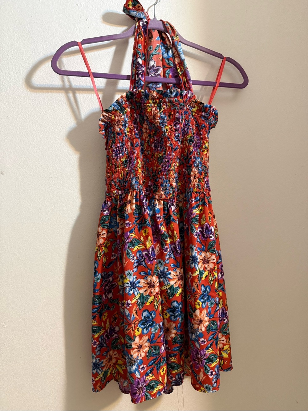 Girls' Red Floral Halter Dress with Smocked Bodice
